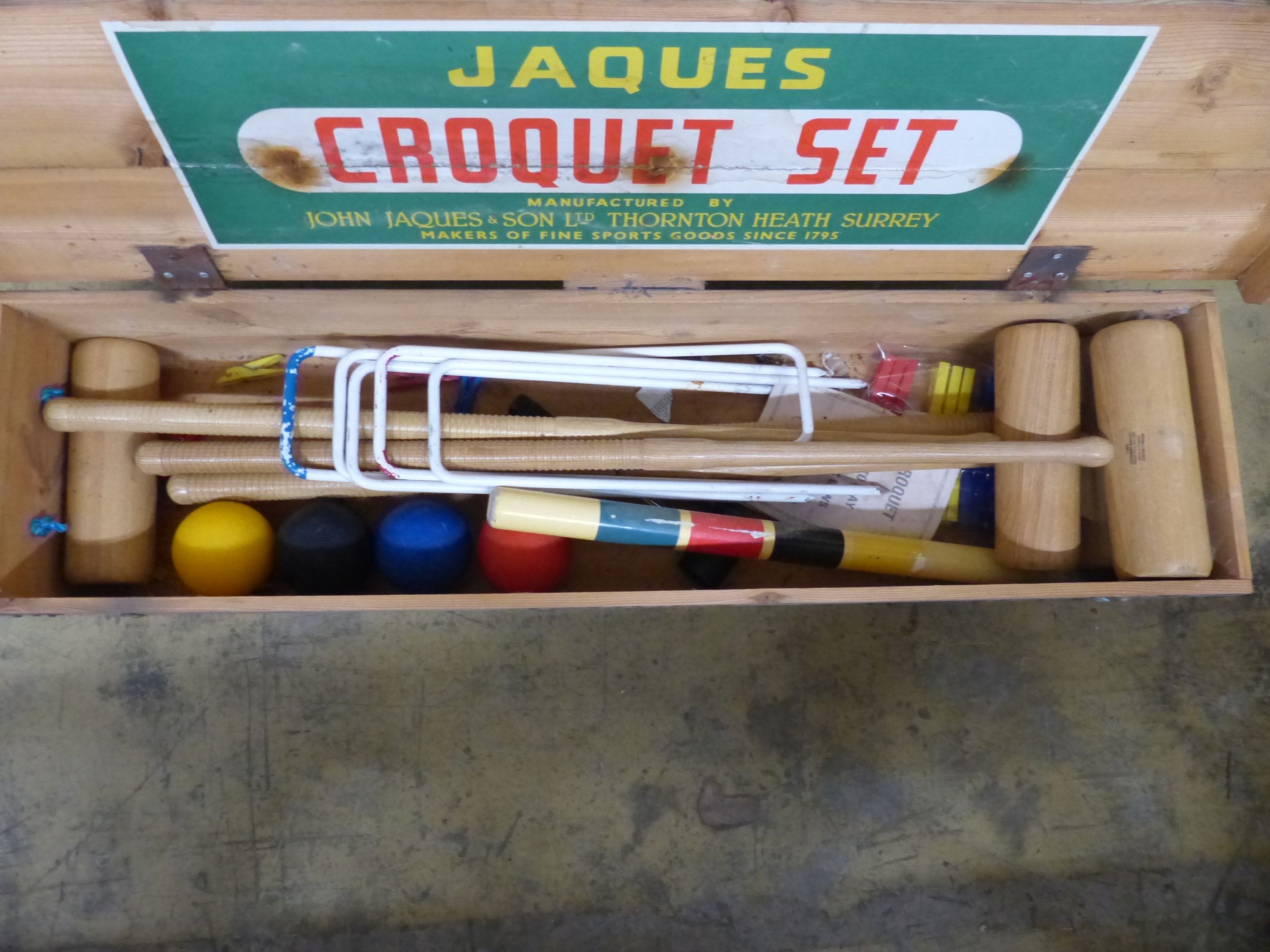 A Jacques Croquet set, pine cased